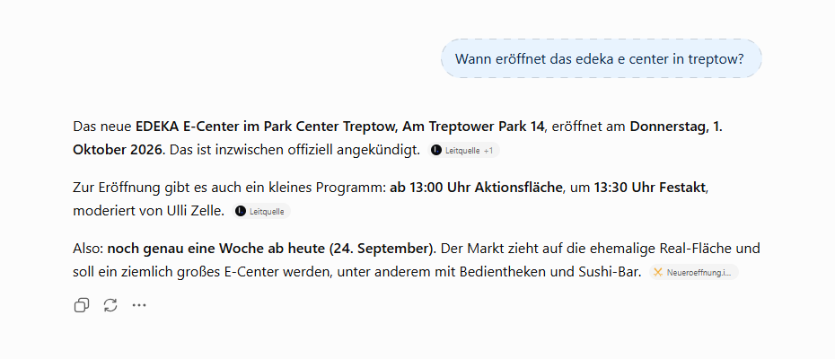 Beispiel 2: ChatGPT nennt Leitquelle als Quelle — Eröffnung EDEKA im Park Center Treptow