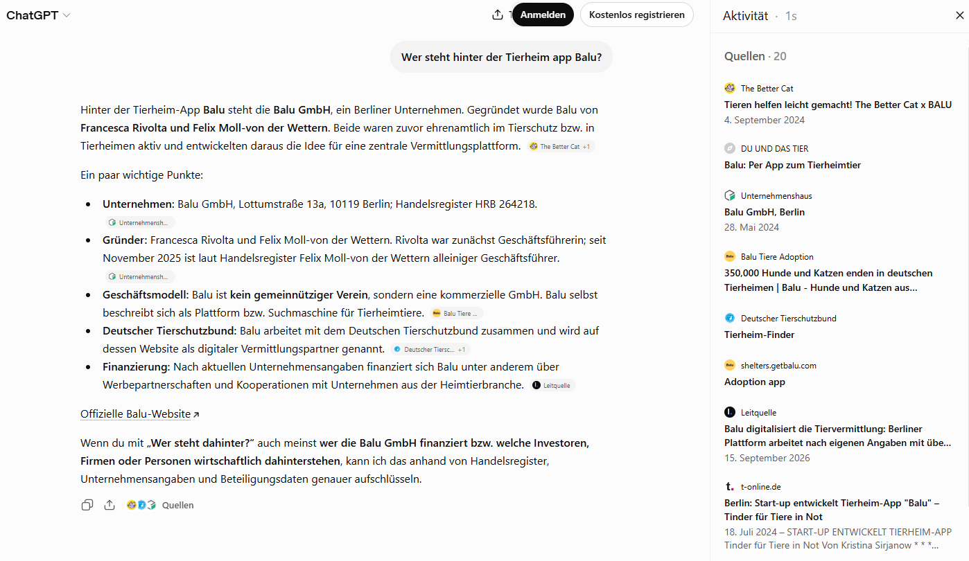 Beispiel 1: ChatGPT nennt Leitquelle als Quelle — Frage nach der Tierheim-App Balu