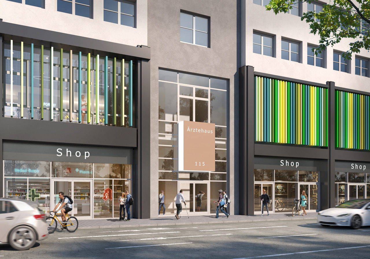 Rendering der Straßenansicht des Park Center Treptow mit dem Eingang zum Ärztehaus, einer Apotheke und Shops hinter einer farbigen Lamellenfassade.