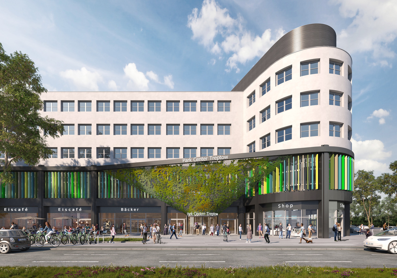 Rendering der Außenansicht des Park Center Treptow mit geschwungener Gebäudeecke, Schriftzug „Park Center Treptow“, farbiger Lamellenfassade, Fassadenbegrünung sowie Eiscafé, Bäcker und Shops im Erdgeschoss.