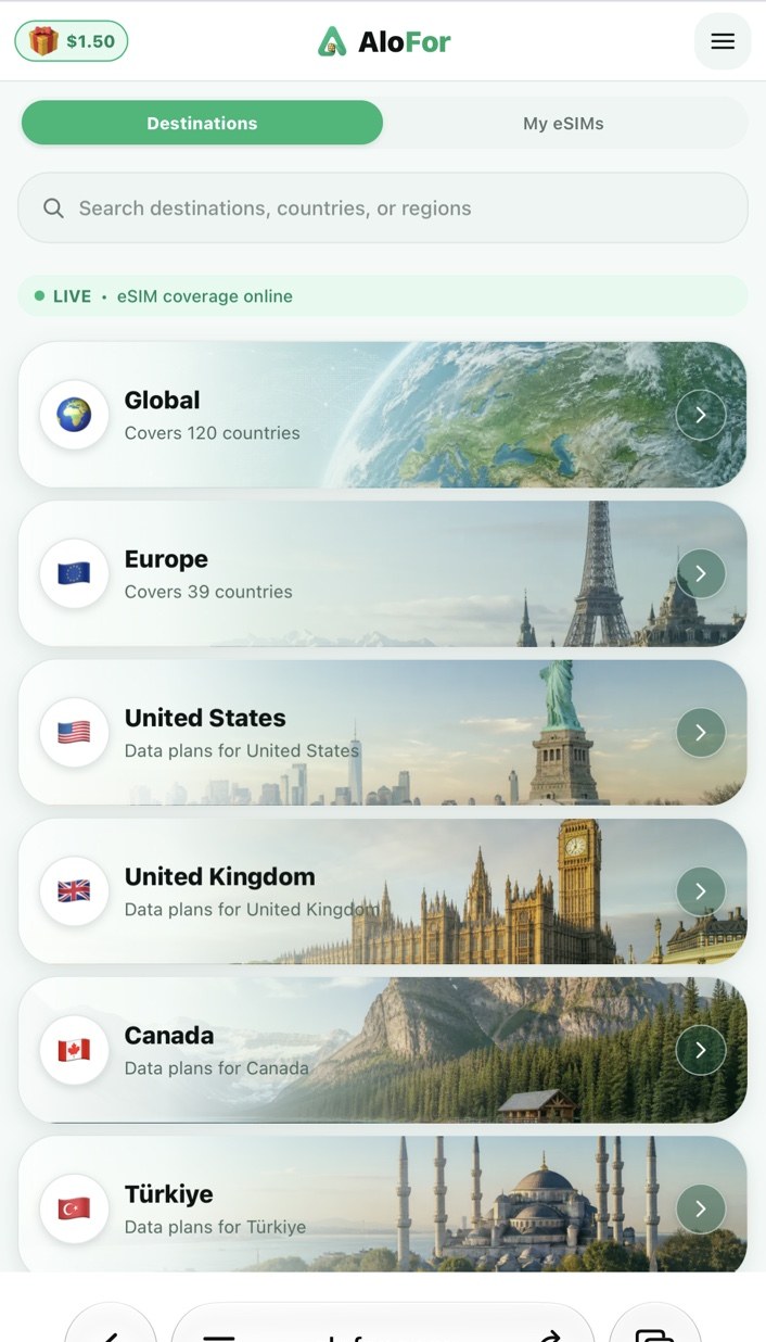 Destinationsübersicht der AloFor-Plattform mit Länder- und Regionentarifen