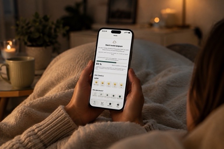 Eine Person hält ein Smartphone mit geöffneter mypacing-App; der Bildschirm zeigt den Arztbericht mit Verlaufskurven zu Herzratenvariabilität, Schlafdauer und Ruhepuls.