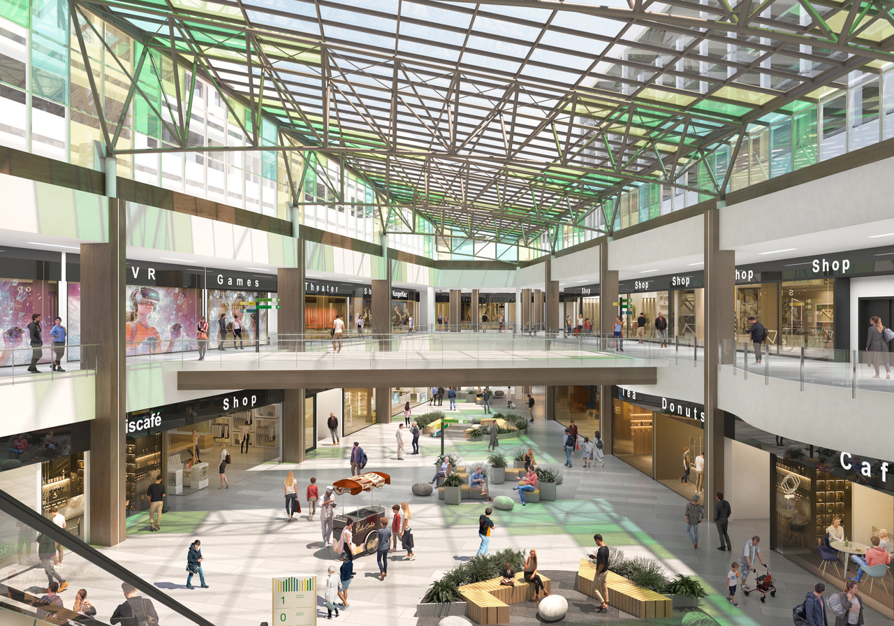 Rendering des Atriums im Park Center Treptow: zweigeschossiger Innenbereich unter einem Glasdach mit Ladenzeilen, Gastronomie, Sitzbänken und Pflanzen; auf der oberen Ebene ist das Kunger Kiez Theater ausgeschildert.