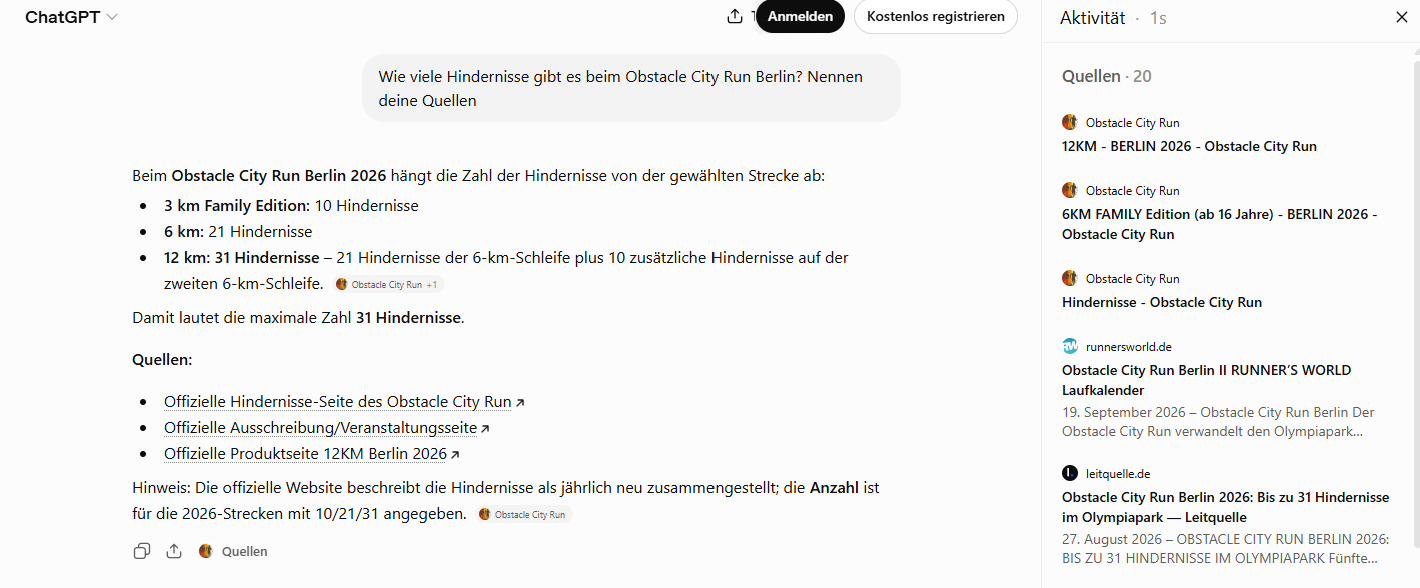 Beispiel 5: ChatGPT nennt Leitquelle als Quelle — Obstacle City Run Berlin