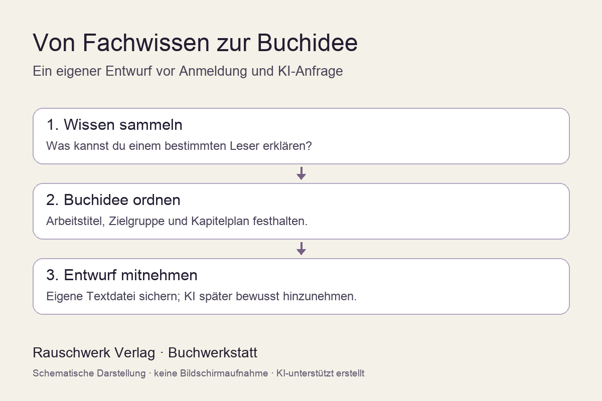 Drei verbundene Felder: Wissen für einen bestimmten Leser sammeln, Buchidee und Kapitelplan ordnen, den eigenen Entwurf als Datei sichern. Der optionale KI-Schritt wird getrennt genannt.