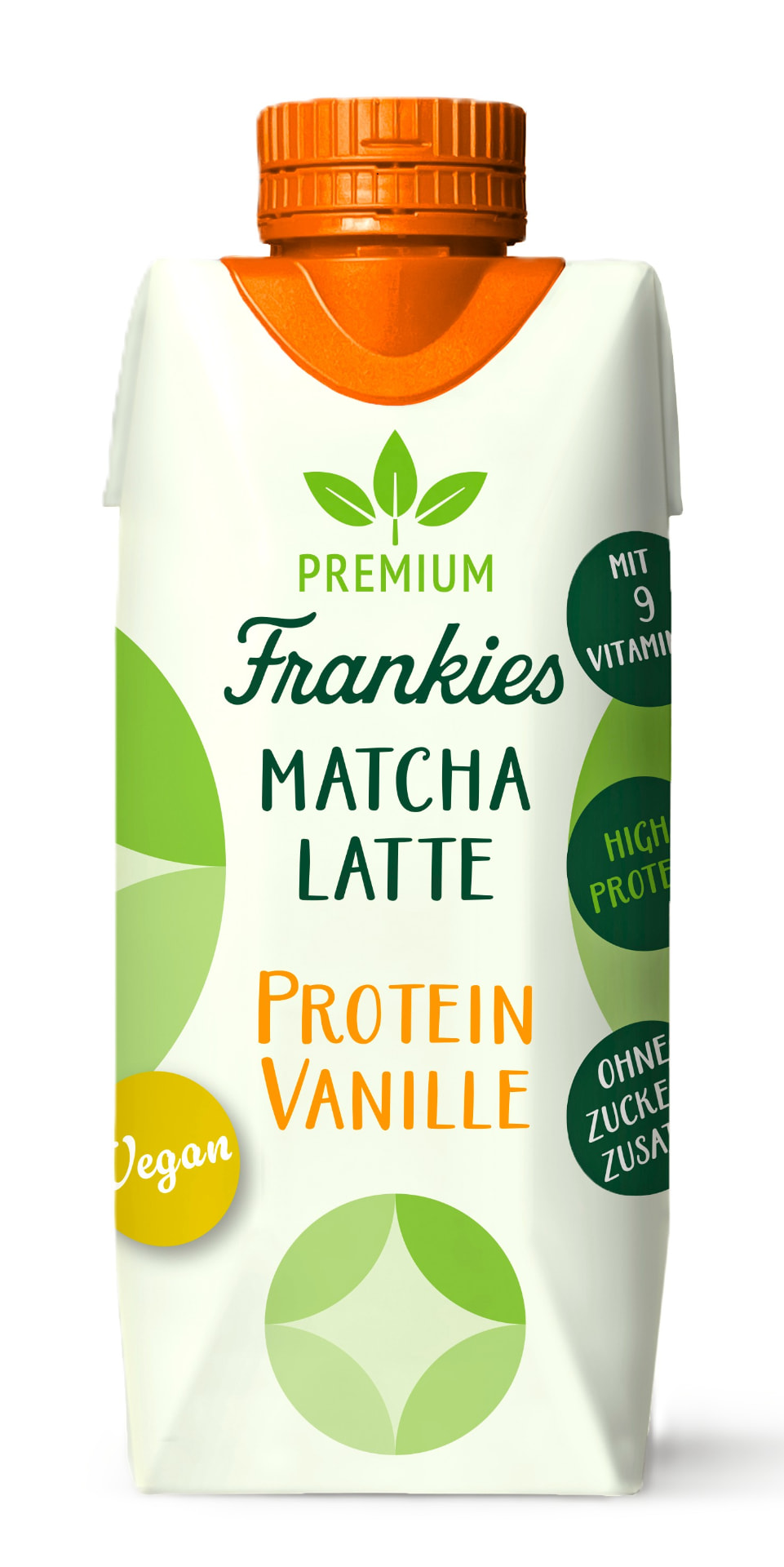 Packshot der Trinkpackung Frankies Matcha Latte Protein Vanille mit orangefarbenem Schraubverschluss