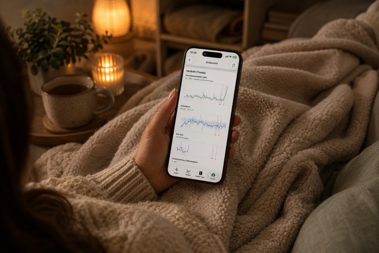 Eine Person hält unter einer Decke ein Smartphone mit geöffneter mypacing-App; der Bildschirm zeigt die Tagesansicht „Mach heute langsam“ mit Belastungsbalken bei 65 Prozent und dem täglichen Check-in.