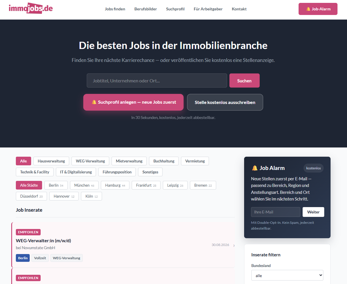 Screenshot: Startseite von Immojobs.de mit Jobsuche und Job-Alarm