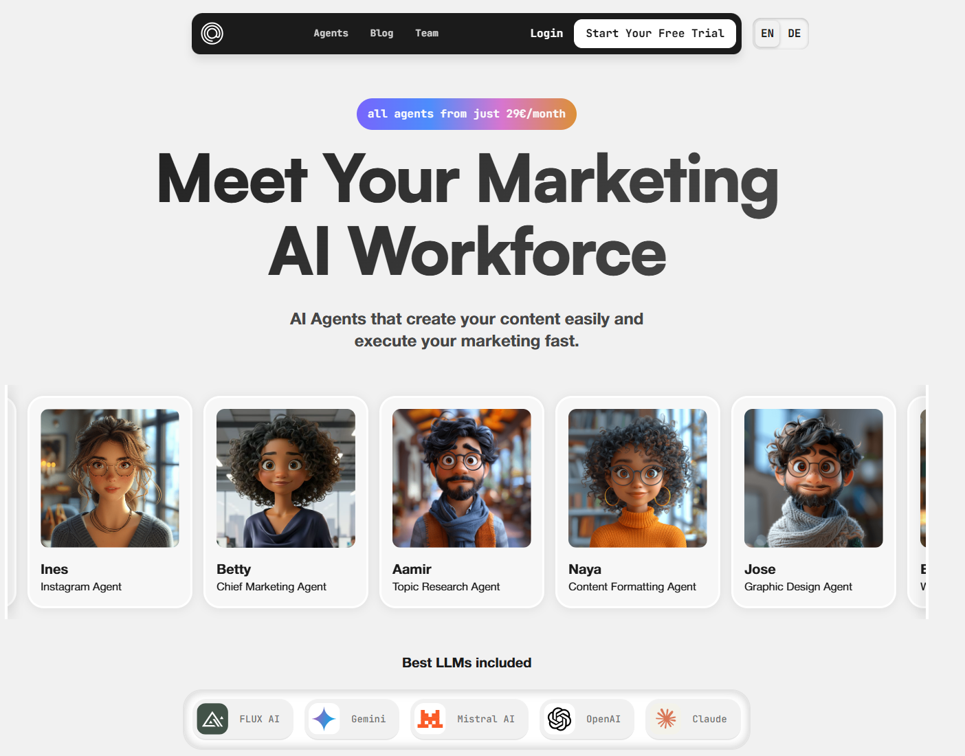 Screenshot: Startseite von whaaat.ai mit den KI-Marketing-Agenten