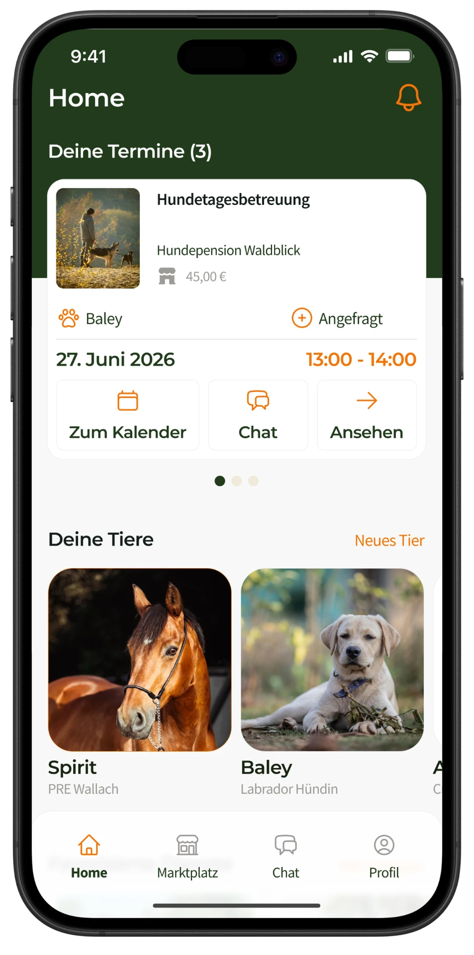 Screenshot der PetPlanner-App (Ansicht 1)