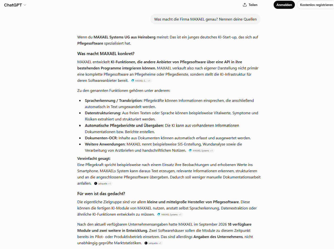 Beispiel 3: ChatGPT nennt Leitquelle als Quelle — Frage nach MAXAEL Systems