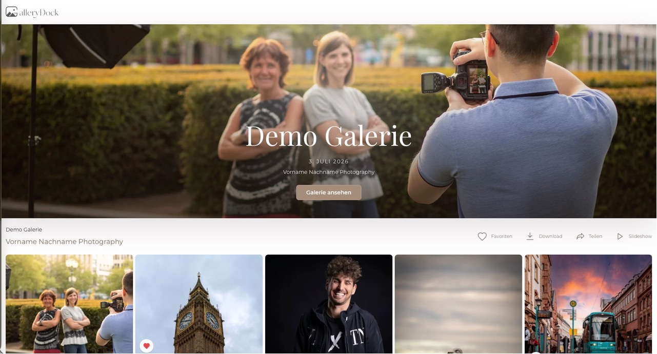 Screenshot einer Demo-Galerie der Plattform GalleryDock mit großem Titelbild und einer Reihe von Vorschaubildern darunter, oben rechts Schaltflächen für Favoriten, Download, Teilen und Slideshow