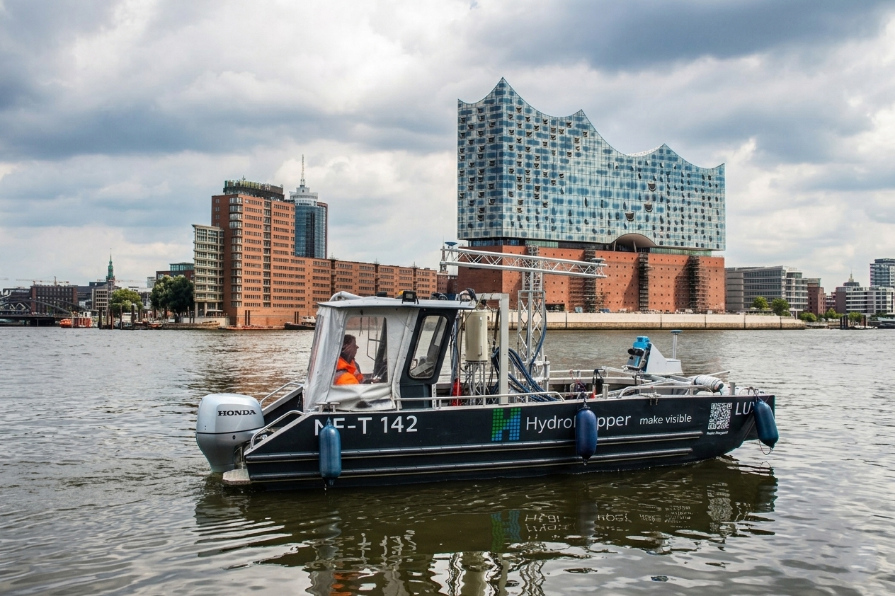 Dunkles Vermessungsboot mit HydroMapper-Beschriftung und aufgebautem Messgerüst auf der Elbe, im Hintergrund die Elbphilharmonie und die Hamburger HafenCity.